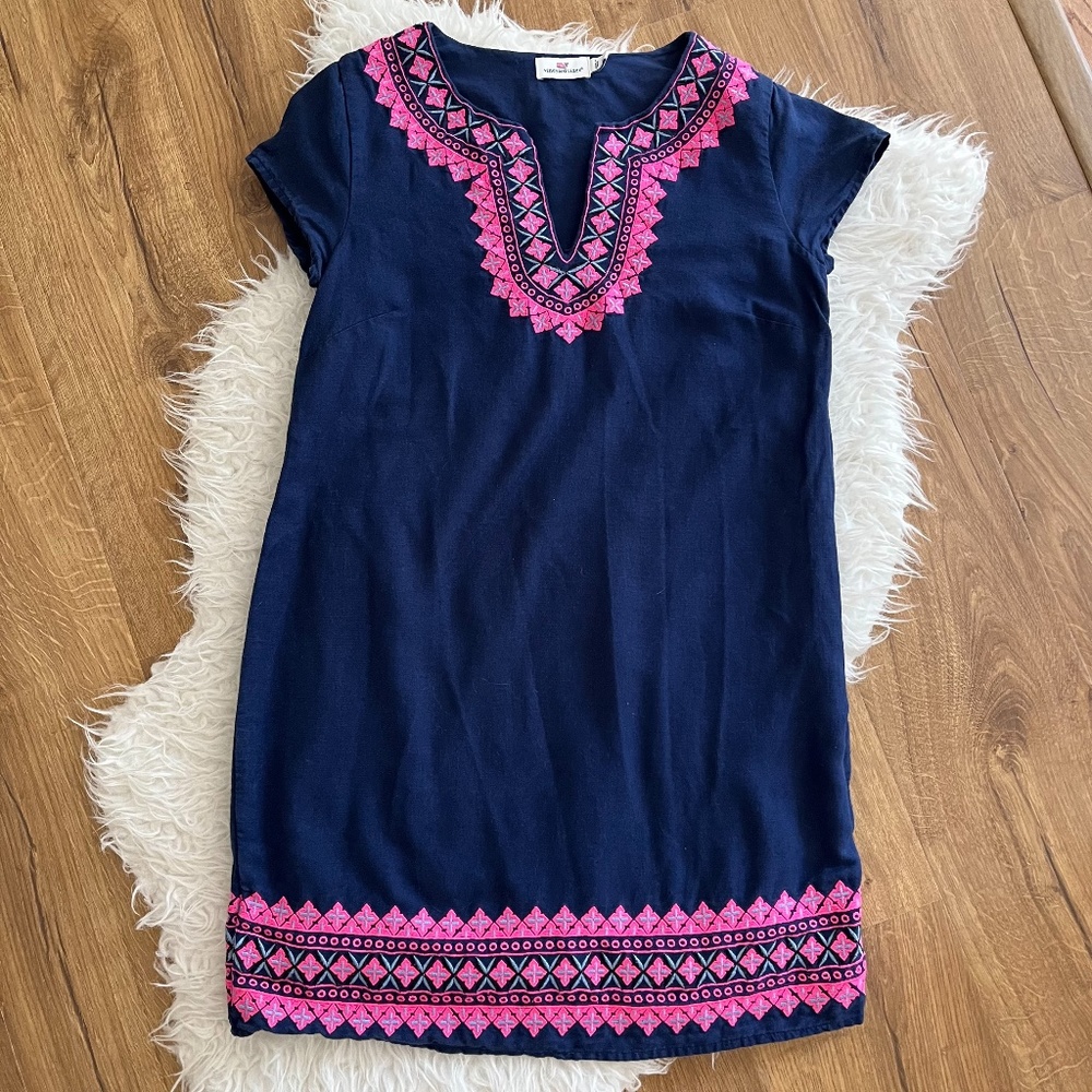 Vineyard Vines Cotton/Linen Blend Navy Embroidered Tunic Dress